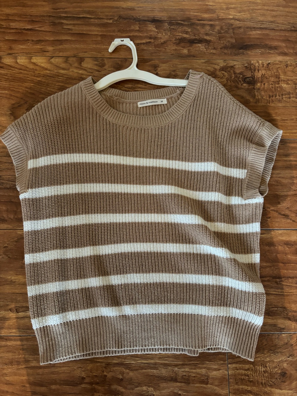 moon & madison Taupe and White Striped Sleeveless Knit Sweater Vest